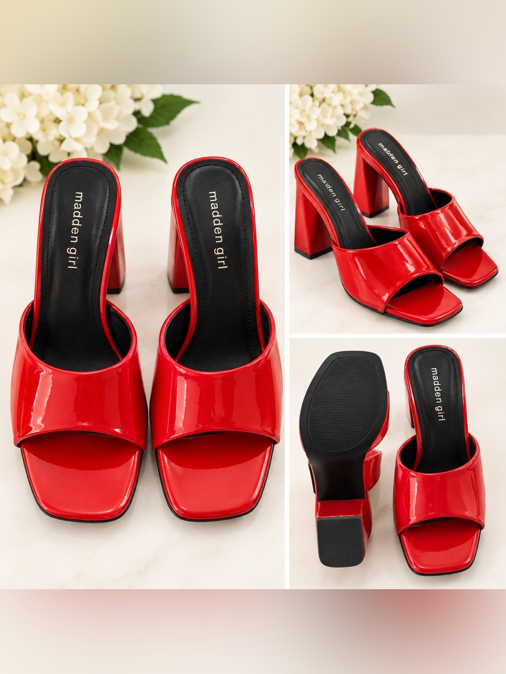 Madden Girl Red Patent Open-Toe Chunky Heel Mules